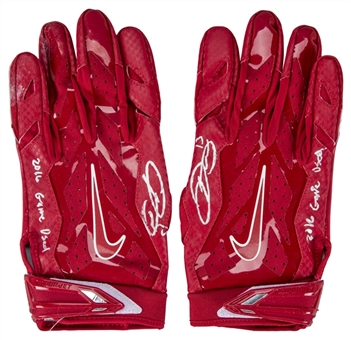 2016-17 Odell Beckham Jr Game Used, Signed & Inscribed Red Nike Gloves (Beckham LOA)